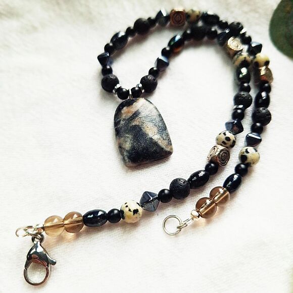 Beaded Jasper Pendant Necklace, Boho Grunge Necklace, Hippie Goth Choker - Picture 8 of 9